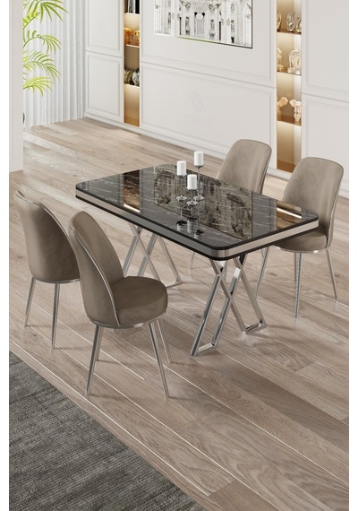 Canisa Vals Serisi 80x130 Lak Panel Siyah Mermer Desen Masa Takımı Krom Ayaklı 4 Cappucino Sandalye Masa Siyah Mermer Desen Sandalye Cappucino Canisa Vals Serisi 80x130 Lak Panel Siyah Mermer Desen Masa Takımı Krom Ayaklı 4 Cappucino Sandalye Masa Siyah Mermer Desen Sandalye Cappucino