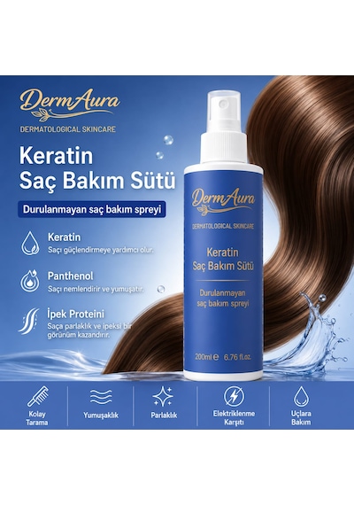 Dermaura Keratin Saç Bakım Sütü Durulanmayan Sprey 200 Ml Keratin & Panthenol Içerikli Kolay Tarama Etkili