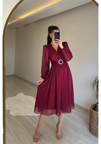 Neşeli Butik Kadın Kruvaze Yaka Tokalı Midi Boy Işıltılı Elbise Nm009 Bordo