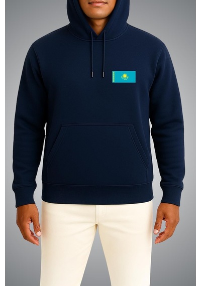 Bahriyeli Collection Kapüşonlu Kazakistan Bayrağı Cep Baskılı Unisex Sweatshirt Lacivert
