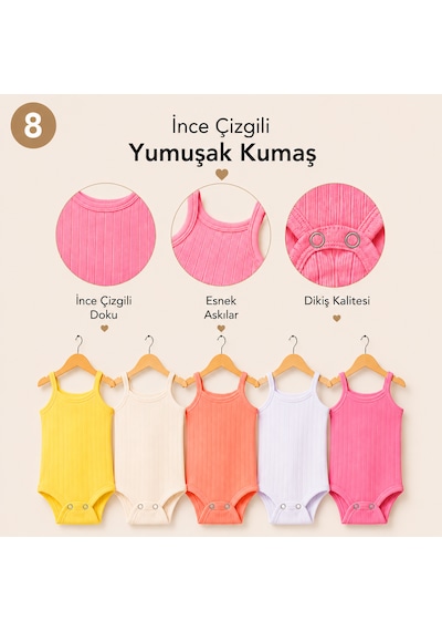 Novibaby 5'li İp Askılı Bebek Body Seti Pamuklu Çıtçıtlı Yazlık Zıbın Çocuk I Softtouch Collection Çok Renkli