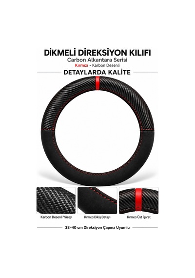 Trobus Tesla Model S 2016-2025 Uyumlu Dikmeli Direksiyon Kılıfı Carbon Alkantara Kırmızı