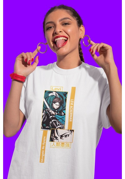 Levi Ackerman Shingeki No Kyojin Baskılı Unisex Oversize Attack O Beyaz