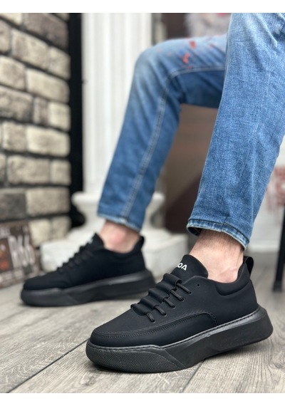 Ba0332 Merdiven Desen Bağcıklı Erkek Yüksek Taban Siyah Cilt Siyah Taban Spor Ayakkabı 001