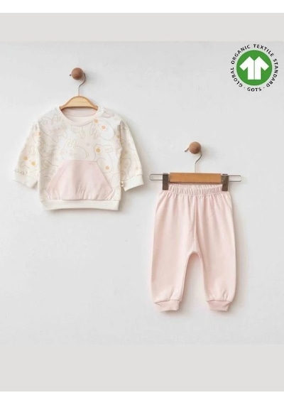 Zekids Kız Bebek Tavşan Baskılı Organik Eşofman Takım-15486 Pudra
