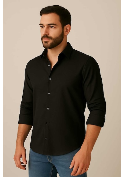 Bürke Sofya Keten Dokulu Uzun Kollu Siyah Yarım Oversize Erkek Gömlek