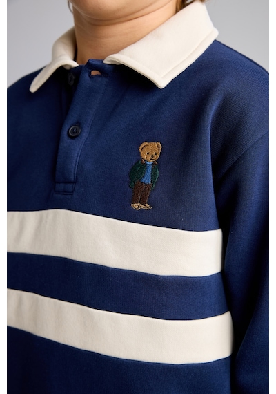 Defacto Oversize Polo Yaka Çizgili İçi Yumuşak Tüylü Uzun Kollu Sweatshirt Erkek Çocuk I3296a826wnnv31 Lacivert-nv31