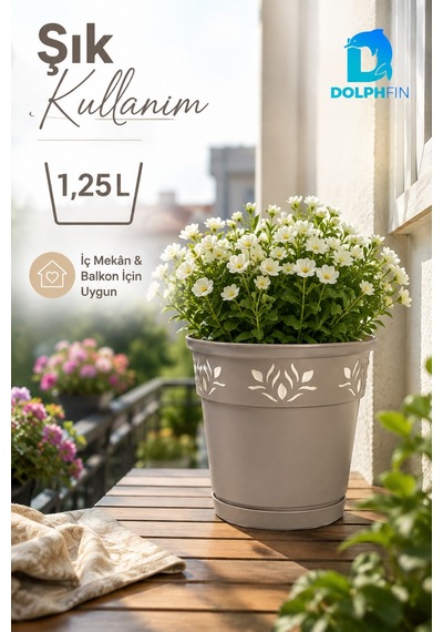 1,25 L Dekoratif Alt Tabaklı Plastik Saksı Çiçek Motifli Karışık Renk