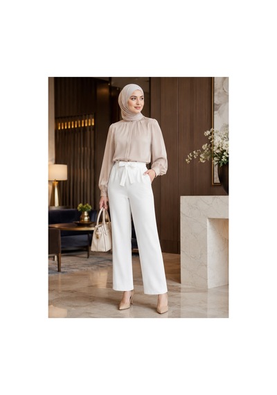 Genel Markalar Duble Kumaş Beli Kuşaklı Bol Paça Pantolon- Beyaz - 870050757 Beyaz