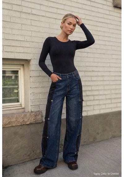 Kadın Mavi Straight Fit Süet Detaylı Özel Tasarım Napolyon Denim Jean Kırmızı