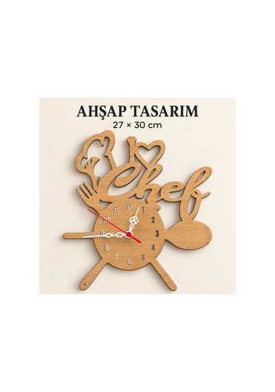 Chef Detaylı Sessiz Mekanizma Ahşap 27x30 Cm Duvar Saati Restoran, Mutfak İçin İdeal Lüx Duvar Dekoru Saat