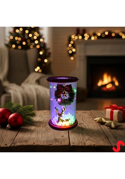 Yılbaşı Led Işıklı Geyikli Cam Fanus, 13cm X 8,5cm