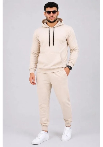 Oada Erkek İki İplik Kapüşonlu Kanguru Cepli Sweatshirt Jogger Pantolon Alt Üst Eşofman Takımı -bej