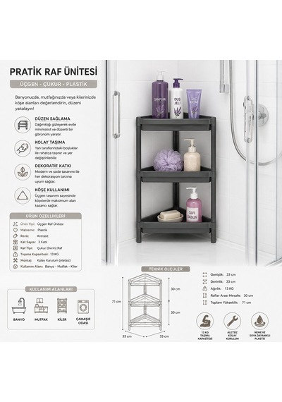 Gri Üçgen Çukur Pratik Raf Ünitesi Plastik 5332 100