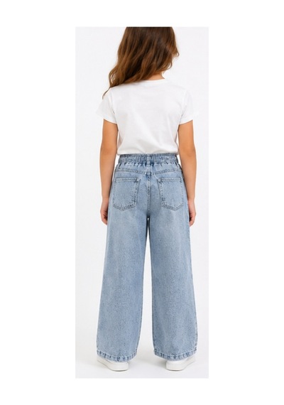 İrem Çocuk Giyim Kız Çocuk Çiçek Aplikeli Beli Lastikli Geniş Paça Model Mavi Renk Kot Pantolon Mavi