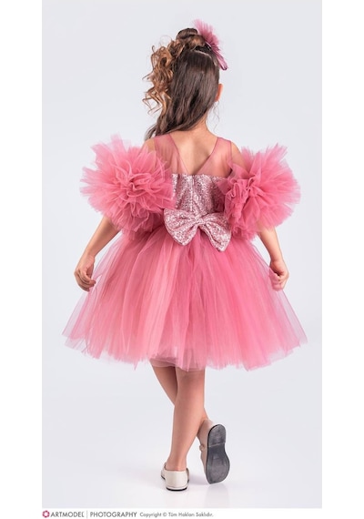Ponpon Tak Çıkarlı Kız Çocuk 4 Parça Elbise - 3/10 Yaş - 31535 Pudra Pembe