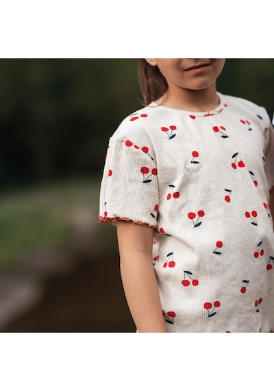 Antebies Organik Krem Kiraz Desenli Beli Lastikli Kısa Kollu Kız Çocuk Pijama Takımı