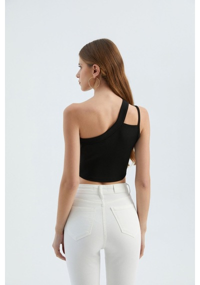 Hiccup Tek Omuzlu Kesik Crop Top Siyah