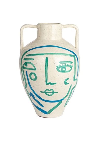 El Yapımı Soyut Yüz Terracotta Vazo Çok Renkli