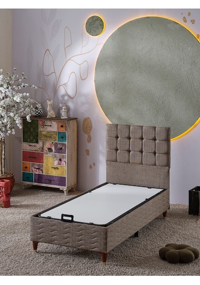 Beehanem Bengü Tek Kişilik 3lü Set Yatak+baza+başlık Keten Kahve 90 X 190
