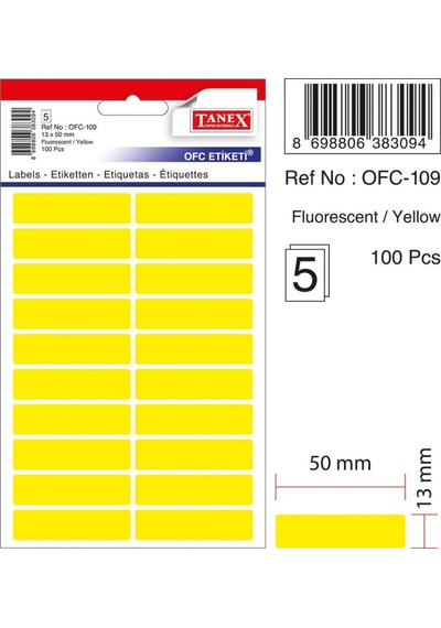 Floresan Sarı Ofis Etiketi 13MMx50MM 5.Yaprak 100 Etiket