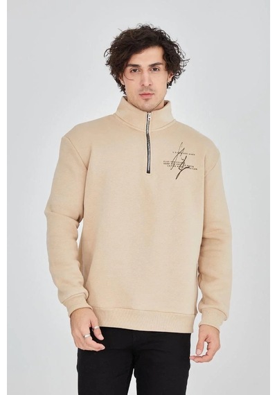Erkek Yarım Fermuarlı Baskılı 3 İplik Pamuklu Sweatshirt - Bej Bej