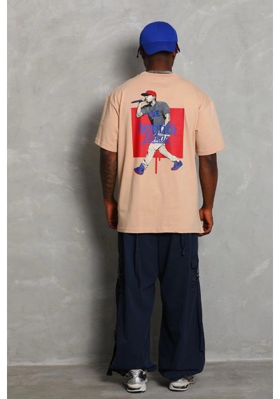 Barlashive Erkek Baskılı Tişört Kısa Kol Bisiklet Yaka Oversize T-shirt - Bej Çok Renkli