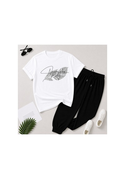 Herkesemoda Minimal Leaf Desenli T-shirt Eşofman Takımı Beyaz