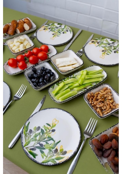 14 Parça 6 Kişilik Seramik Kahvaltı Takımı Zeytin Desenli Yuvarlak Kahvaltı Seti Beyaz - Yeşil
