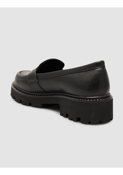 %100 Hakiki Deri Siyah Kalın Taban Kadın Loafer Ayakkabı Siyah