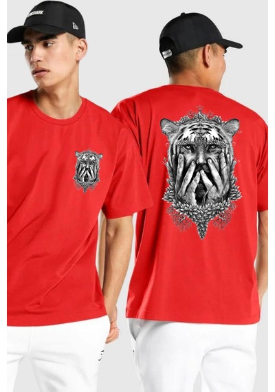 Yarım İnsan Yarım Leopar Mutant Leopar Kral Kırmızı Oversize Unisex Ön Ve Sırt Baskılı Tişört Kırmızı