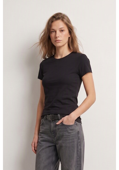 Elemge %95pamuk %5likra Vücuda Oturan Magic Fit Siyah Kadın Stretch T-shirt Compact Penye Kısa Kol Esnek Basic Tişört Elastan