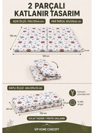 Oyun Alanına Uygun Katlanabilir Sünger Oyun Parkı Minderi Bebek Yatağı - Marin 120x120x6 CM