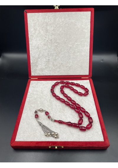 925 Ayar Gümüş Dizayn Kapsül Kesim Ateş Kehribar Tespih 13x8 Mm