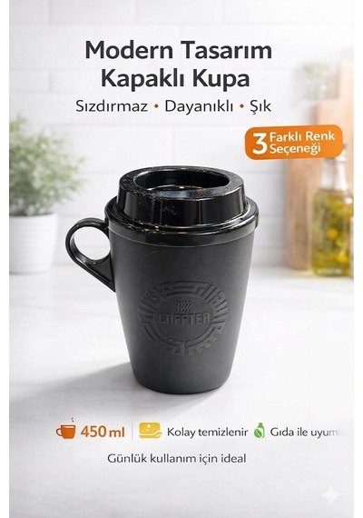 Kulplu Kapaklı Çay Kahve Bardağı Plastik - Mug Sıcak Içecek Bardağı 450 Ml Siyah