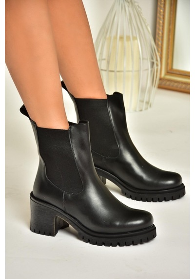 Fox Shoes T726981609 Siyah Lastikli Kalın Topuklu Kadın Bot Siyah-Suni Deri Siyah