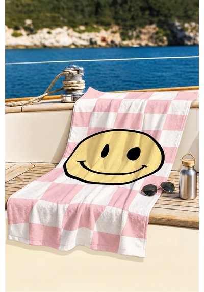 Gülen Yüz Pembe Kareli Plaj Havlusu - Modern Pastel Çocuk Havuz Deniz Hızlı Kuruyan Mikrofiber Havlu Sessiz Defne