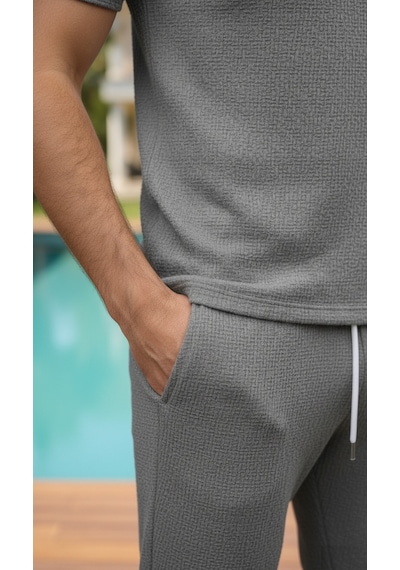 Fifty Color Unisex Trend Bürümcük Krinkıl Kumaş Yazlık Likralı Kısa Kol Tişört Eşofman Takım Gri