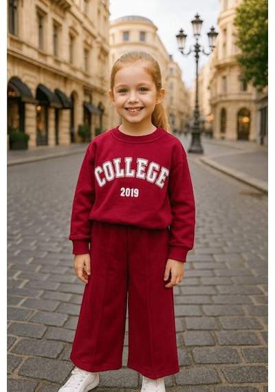 Turuncu Gardrop 2-10 Yaş Collage Uzun Kol Kız Eşofman Takımı Bordo Bordo