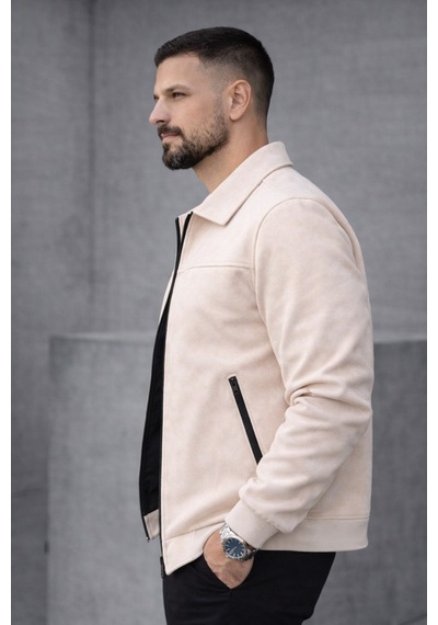 Baselco Basic Slim Fit Polo Yaka Süet Ceket Krem
