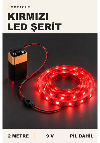 Onerous 2 M 9v Kırmızı Led Şerit, Pilli, Pil Dahil, Anahtarlı