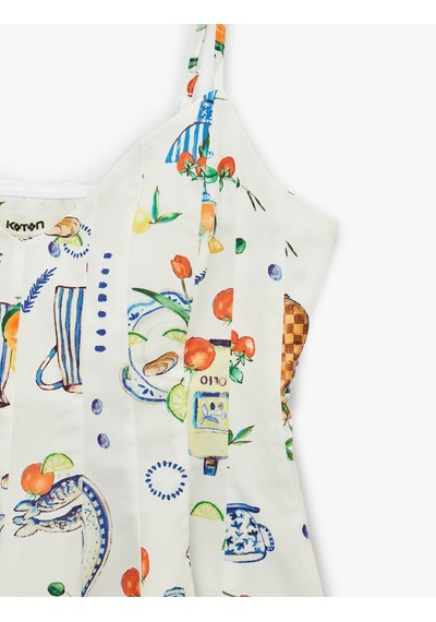 Koton Koton X Şahika Ercümen - Pamuklu Amalfi Temalı Meyve Baskılı İnce Askılı Peplum Bluz Mavi Desenli 6sak30081ew