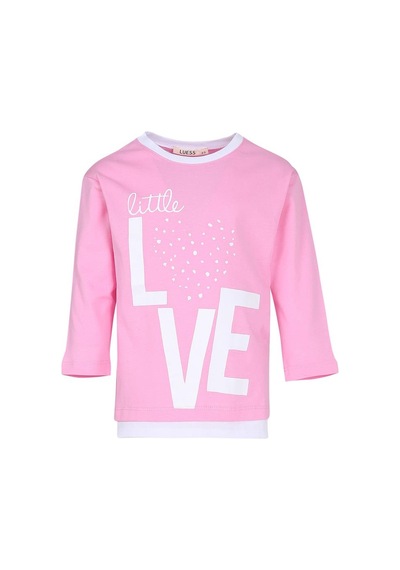 Luess Love Baskılı Garni Detaylı Uzun Kol Kız Çocuk T-shirt Pembe