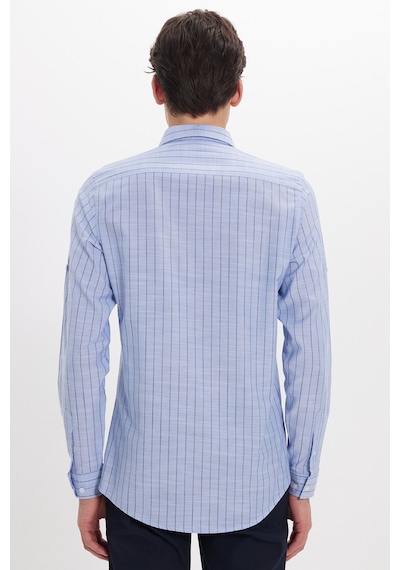 Tudors Erkek Slim Fit Dar Kesim Uzun Kollu %100 Pamuk Keten Doku Çizgili Gömlek-42648 Mavi