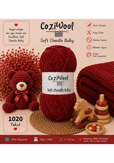 Kadife İp, 5'li Paket 5x100 Gr. 120 Mt., Soft Chenille Bulky%100 Mikro Polyester, Amigurumi, Oyuncak, Bebek Battaniyesi Diğer