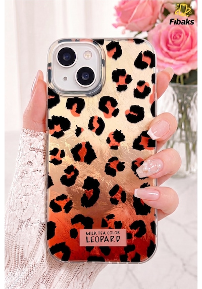 Fibaks iPhone 13/14/15 Uyumlu Kılıf Hologramlı Kırmızı Leopar Desenli Darbe Emici Kamera Korumalı Silikon
