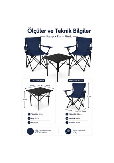 2 Sandalyeli Katlanır Kamp Seti 52 Cm Masa Ve Sandalye Lacivert