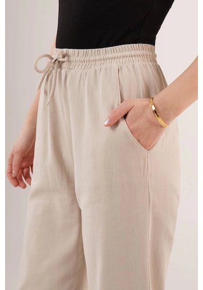 Defymoda Cepli Belden Bağlamalı Paça Detaylı Krem Pantolon Krem
