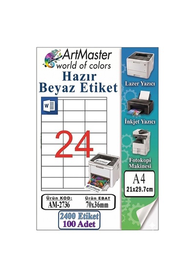 A4 Hazır Beyaz Etiket 70x36 Mm 100 Sayfa 1 Paket 24 Lü Kendinden Yapışkanlı Fotokopi Lazer İnkjet Kağıdı Yazıcılar İçin
