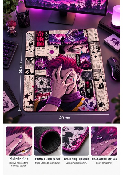 50x40 Cm Hxh Hisoka Desenli Gaming Oyuncu Mouse Pad Kaymaz Taban Büyük Fare Altlığı